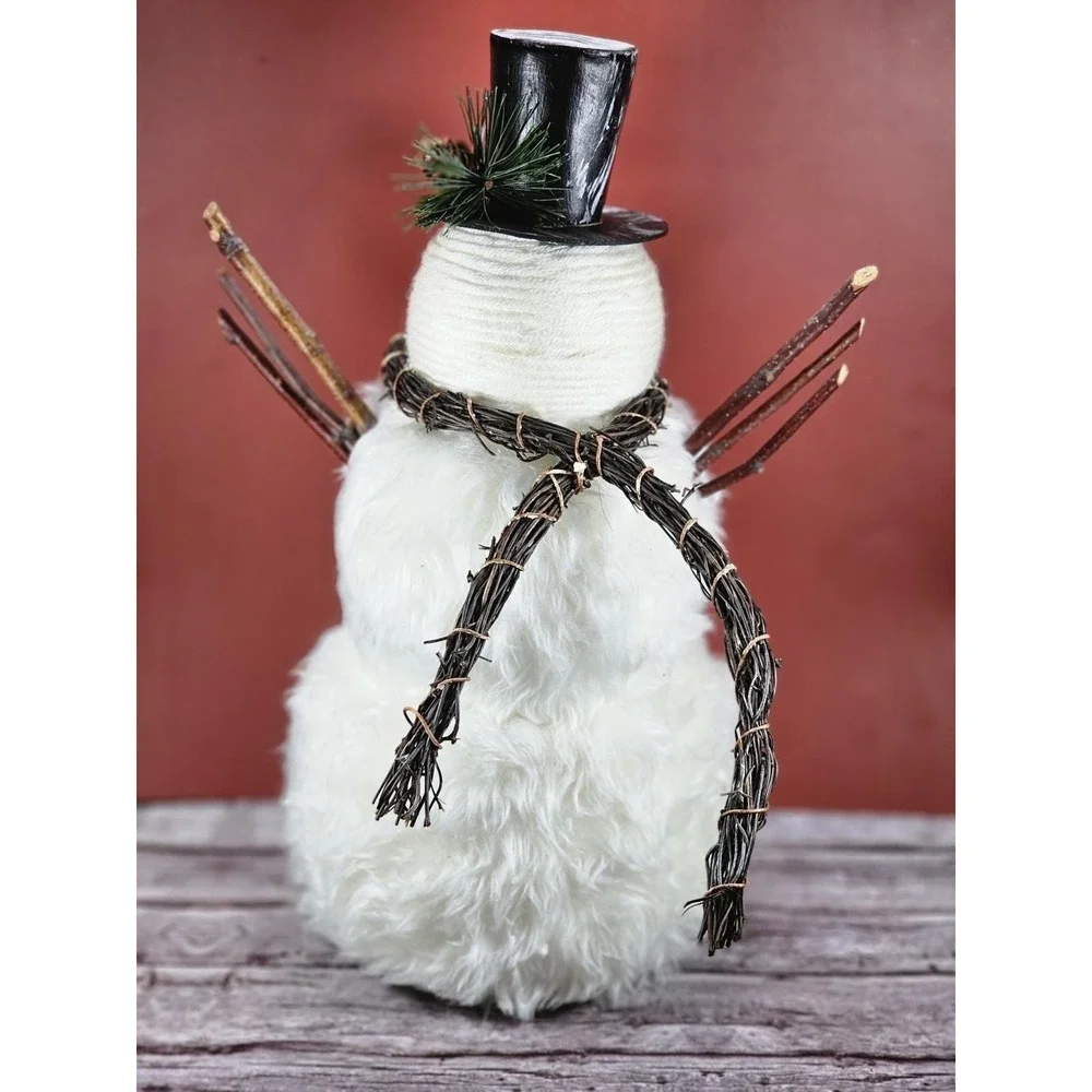Rustic Snowman Figurine with Twig Arms Wreath Scarf Winter Decor